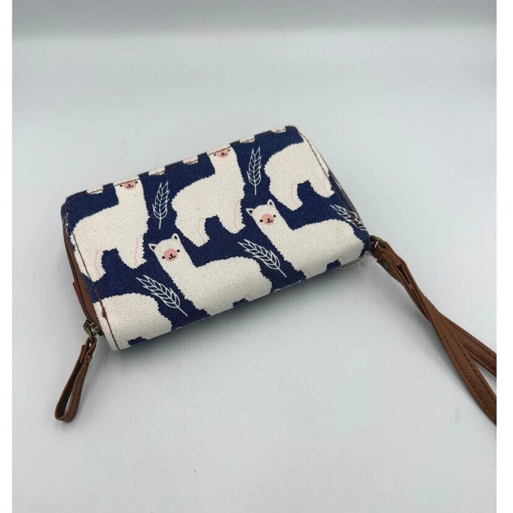 New! Unionbay Wristlet Wallet Llama Alpaca Canvas Navy Blue Brown Turn Lock